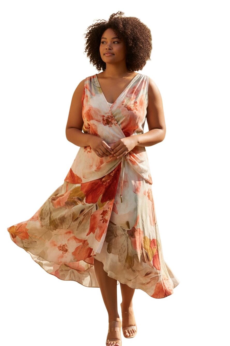 Donna Karan NY $169 Floral Print Faux Wrap Lined Flowy Sleeveless Dress 22W